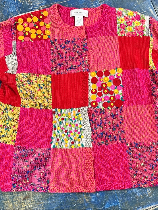 Susan Bristol Sweaters - Susan Bristol Hot Pink & Orange Hand-Embroidered Knit Cardigan